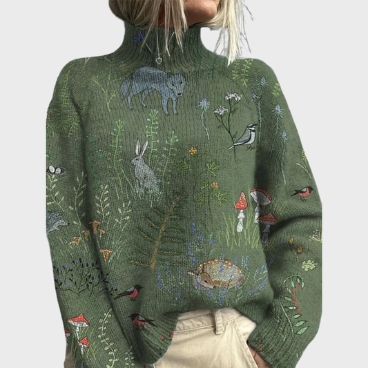 Hannah | Knitted Jumper with Forest and Animal Print